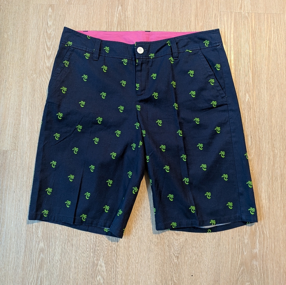 Lilly Pulitzer Navy Shorts with Green Palm Embroidery and Pink Waistband Accent